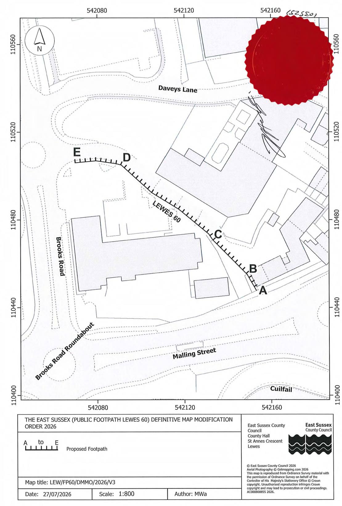 Order map: proposed footpath Lewes 60 from A at Malling Street to E near the Brooks Road roundabout